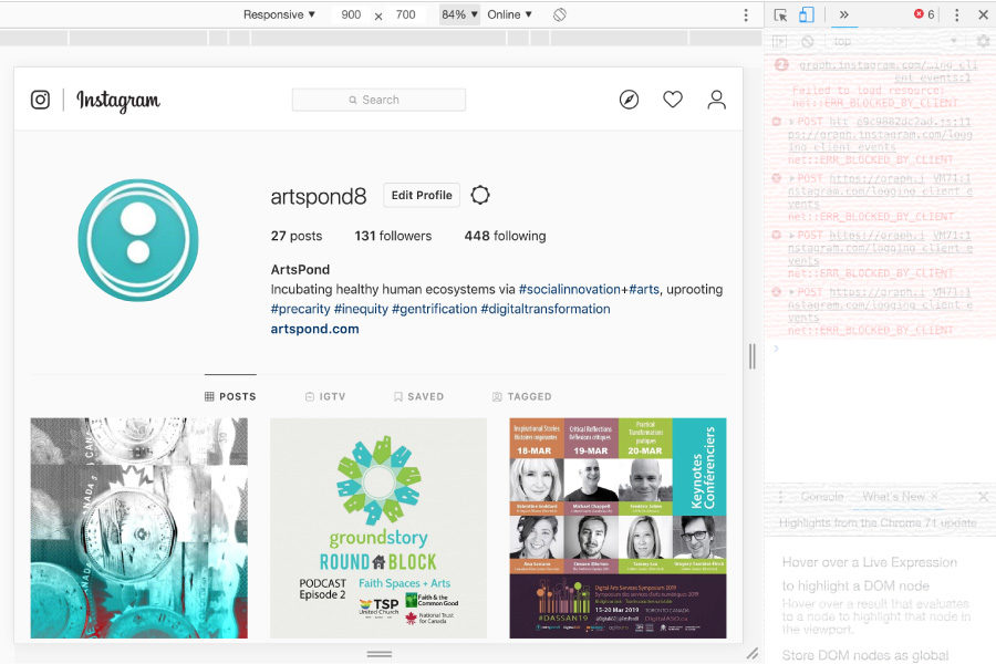 A screenshot of a web browser with ArtsPond's instagram page open in a cell phone emulator.