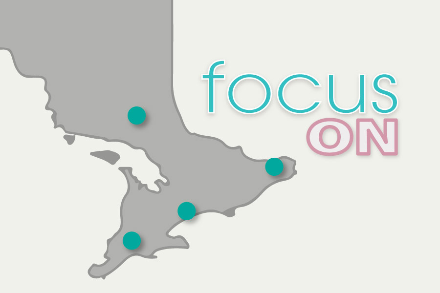 A grey and white map of Southern Ontario with the words Focus ON. Focus is turquoise and ON is pink. There are turquoise dots scattered around the map.